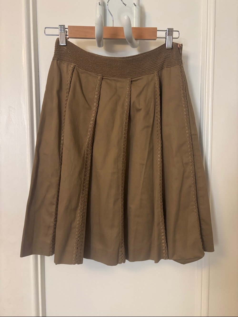 A-Line Skirt in Tan with Crochet-Trim Waistband